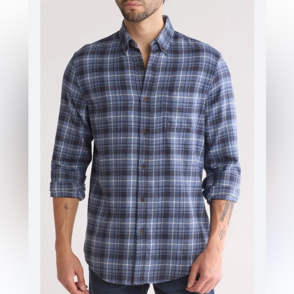 Men's Plaid Flannel Button-Up Shirt - Navy/Light Blue/White – Trim Fit